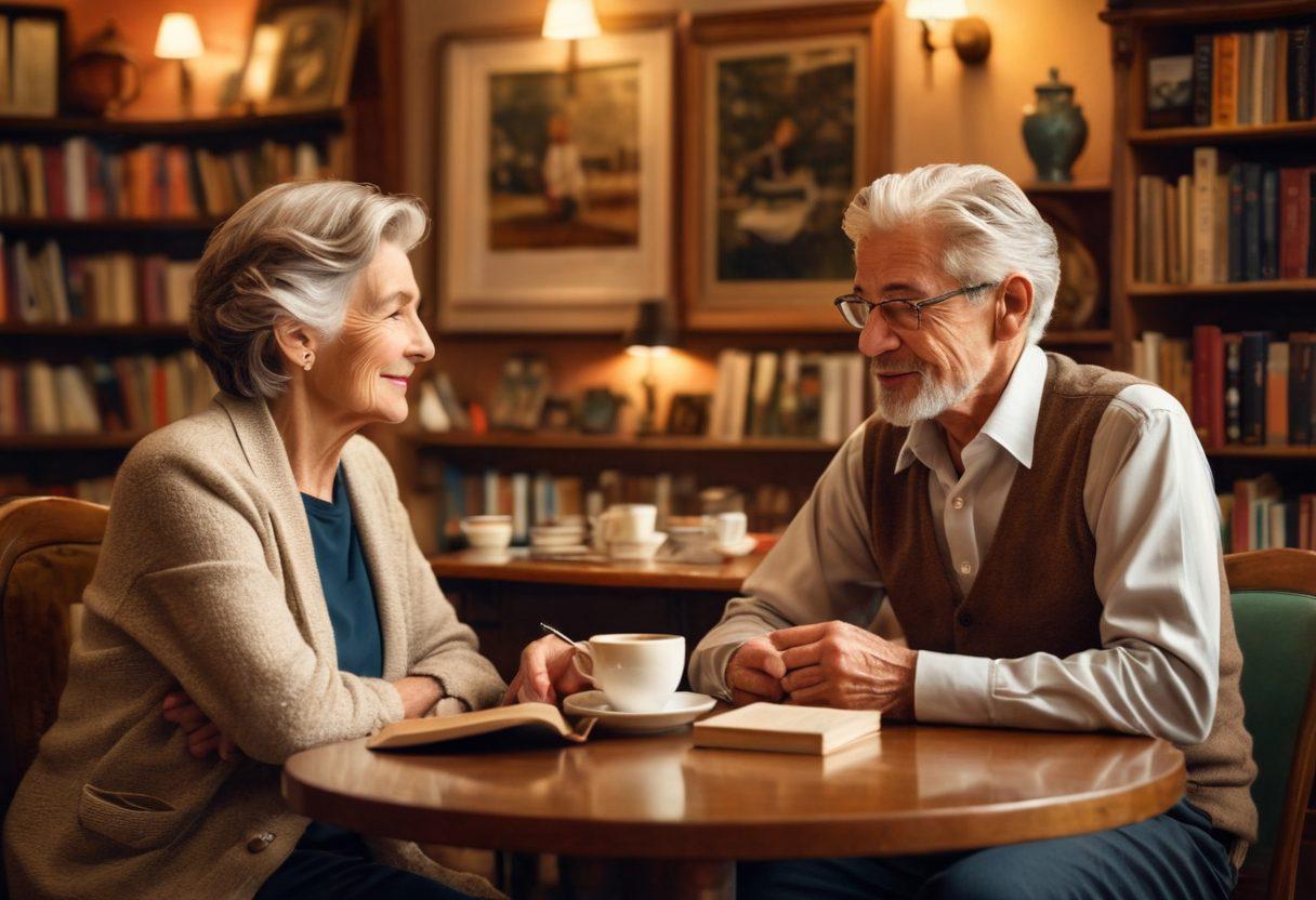 A serene coffee shop scene showcasing an elegant older woman and a younger man engaging in a deep and affectionate conversation. The atmosphere is warm, with soft lighting highlighting their connection, surrounded by books and artwork that symbolize wisdom and maturity. A cozy ambiance invites warmth and companionship, conveying the theme of substantial relationships. vibrant colors. super-realistic. soft focus.